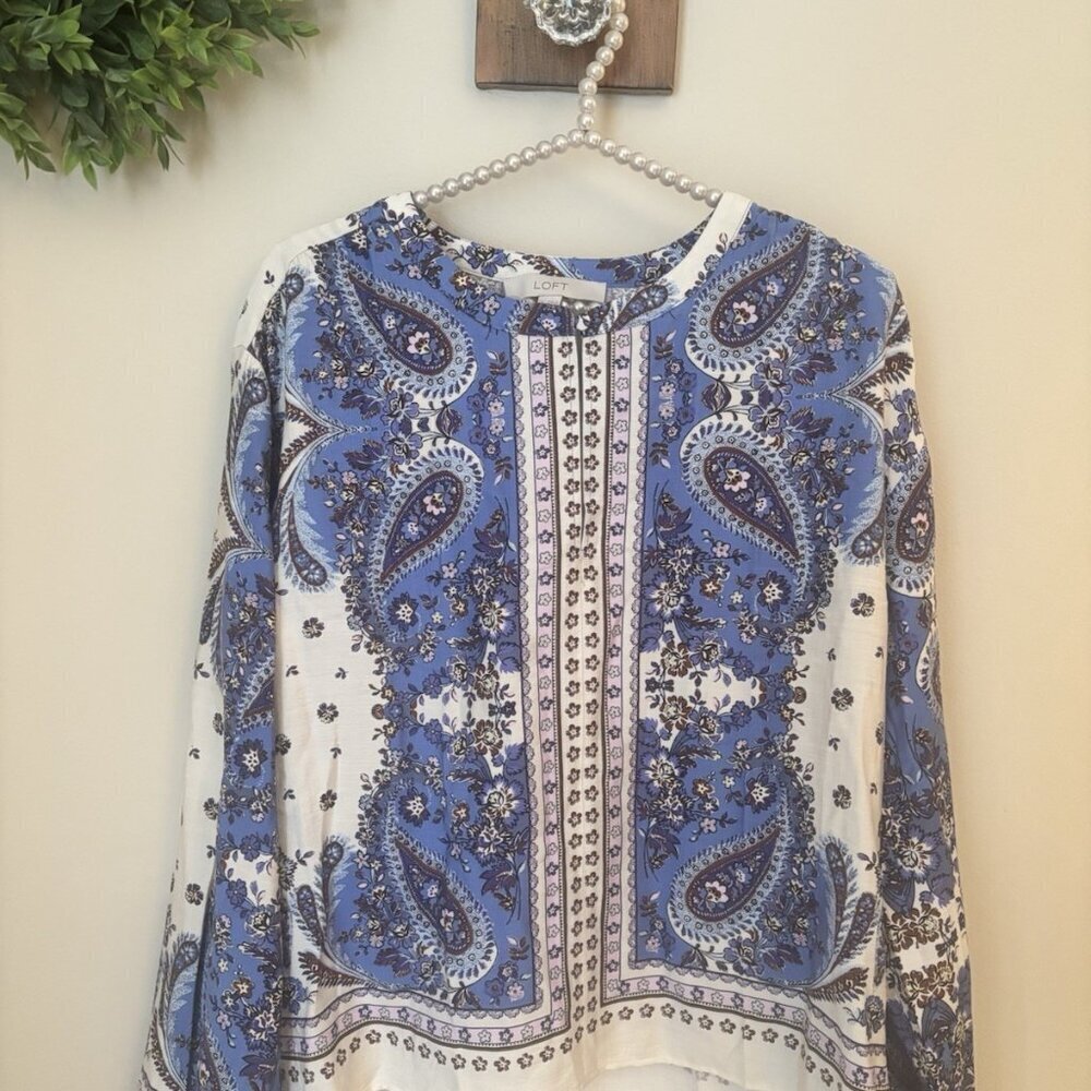 LOFT Womens Size Small Blue Paisley Floral Tunic Blouse Long Sleeve Boho